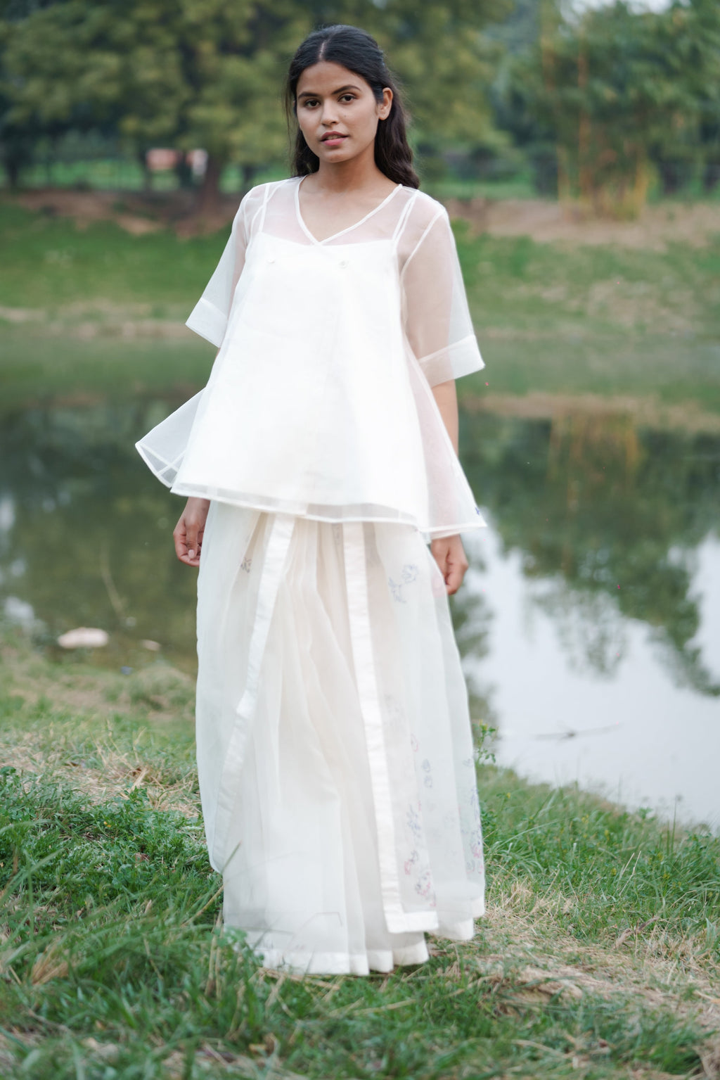 White Cotton Angrakha Top by Ahmev with Casual Wear, Cottage Garden, Cottage Garden by Ahmev, Cotton, July Sale, July Sale 2023, Natural, Peplum Tops, Relaxed Fit, Silk Organza, Solids, Tops, White, Womenswear at Kamakhyaa for sustainable fashion