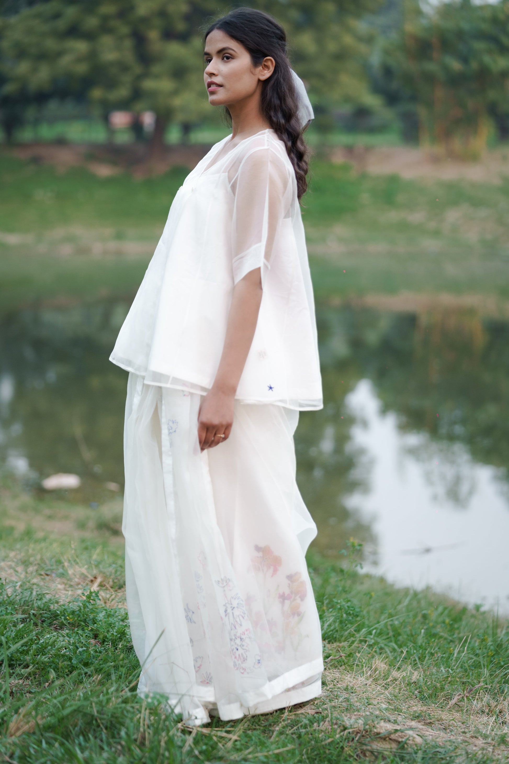 White Cotton Angrakha Top by Ahmev with Casual Wear, Cottage Garden, Cottage Garden by Ahmev, Cotton, July Sale, July Sale 2023, Natural, Peplum Tops, Relaxed Fit, Silk Organza, Solids, Tops, White, Womenswear at Kamakhyaa for sustainable fashion