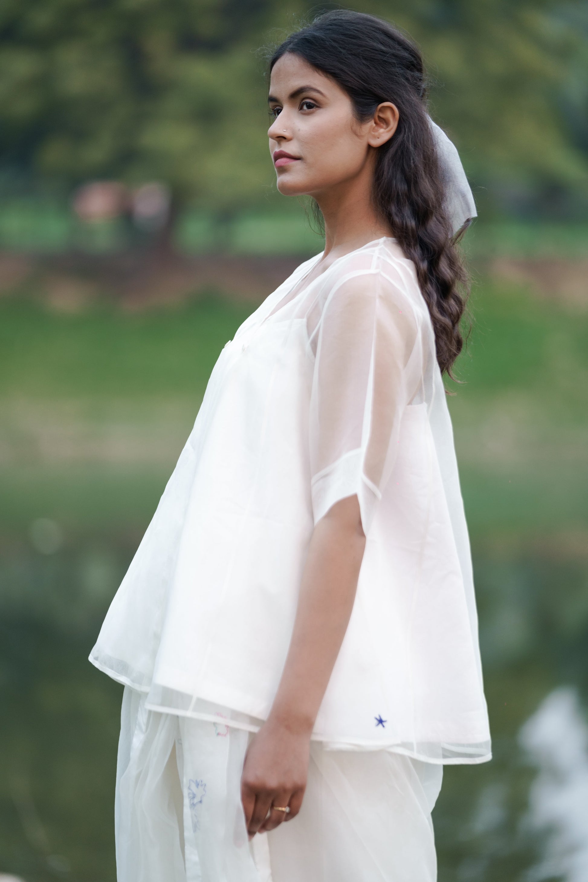 White Cotton Angrakha Top by Ahmev with Casual Wear, Cottage Garden, Cottage Garden by Ahmev, Cotton, July Sale, July Sale 2023, Natural, Peplum Tops, Relaxed Fit, Silk Organza, Solids, Tops, White, Womenswear at Kamakhyaa for sustainable fashion