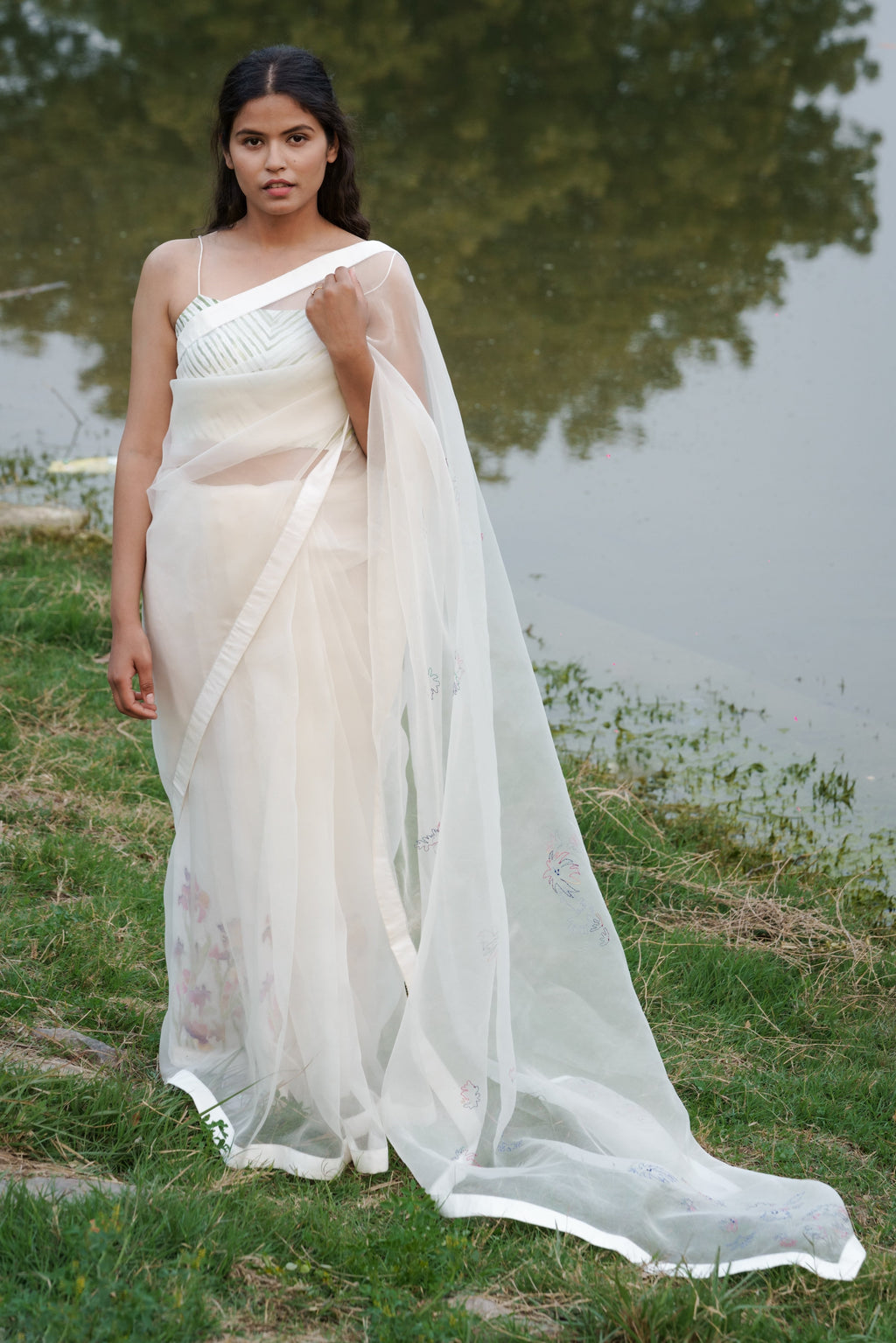 White Hand Embroidered Saree by Ahmev with Casual Wear, Cottage Garden, Cottage Garden by Ahmev, Cotton, Indian Wear, July Sale, July Sale 2023, Natural, Relaxed Fit, Sarees, Silk Organza, Stripes, White, Womenswear at Kamakhyaa for sustainable fashion