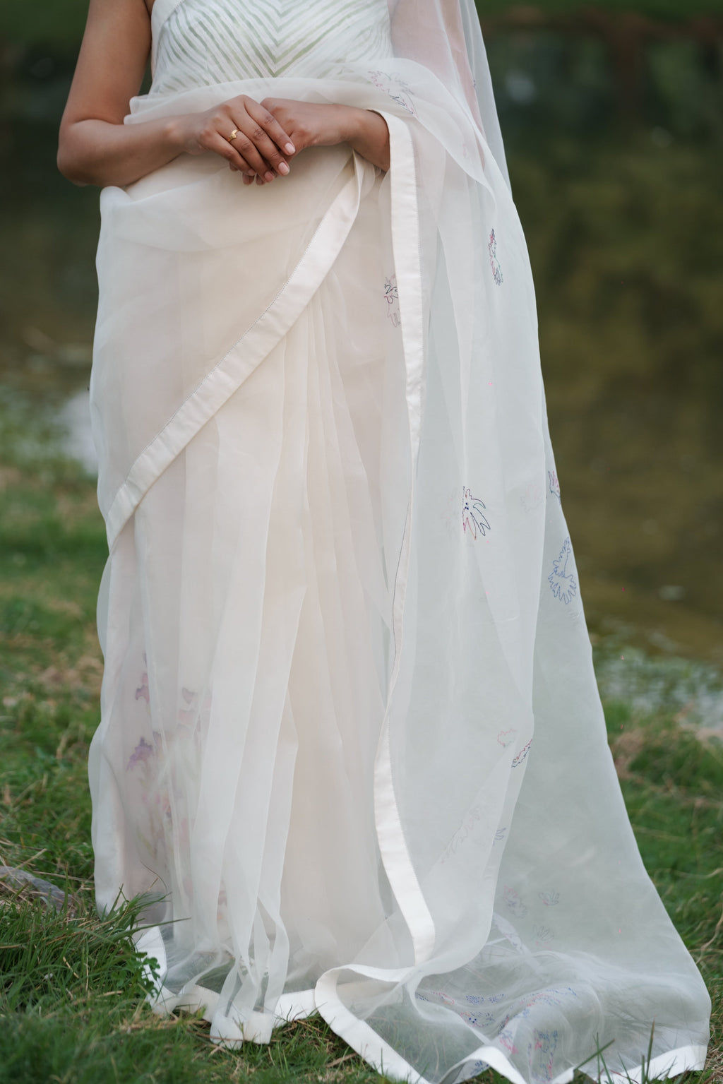 White Hand Embroidered Saree by Ahmev with Casual Wear, Cottage Garden, Cottage Garden by Ahmev, Cotton, Indian Wear, July Sale, July Sale 2023, Natural, Relaxed Fit, Sarees, Silk Organza, Stripes, White, Womenswear at Kamakhyaa for sustainable fashion