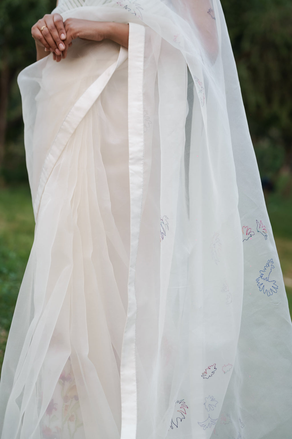 White Hand Embroidered Saree by Ahmev with Casual Wear, Cottage Garden, Cottage Garden by Ahmev, Cotton, Indian Wear, July Sale, July Sale 2023, Natural, Relaxed Fit, Sarees, Silk Organza, Stripes, White, Womenswear at Kamakhyaa for sustainable fashion