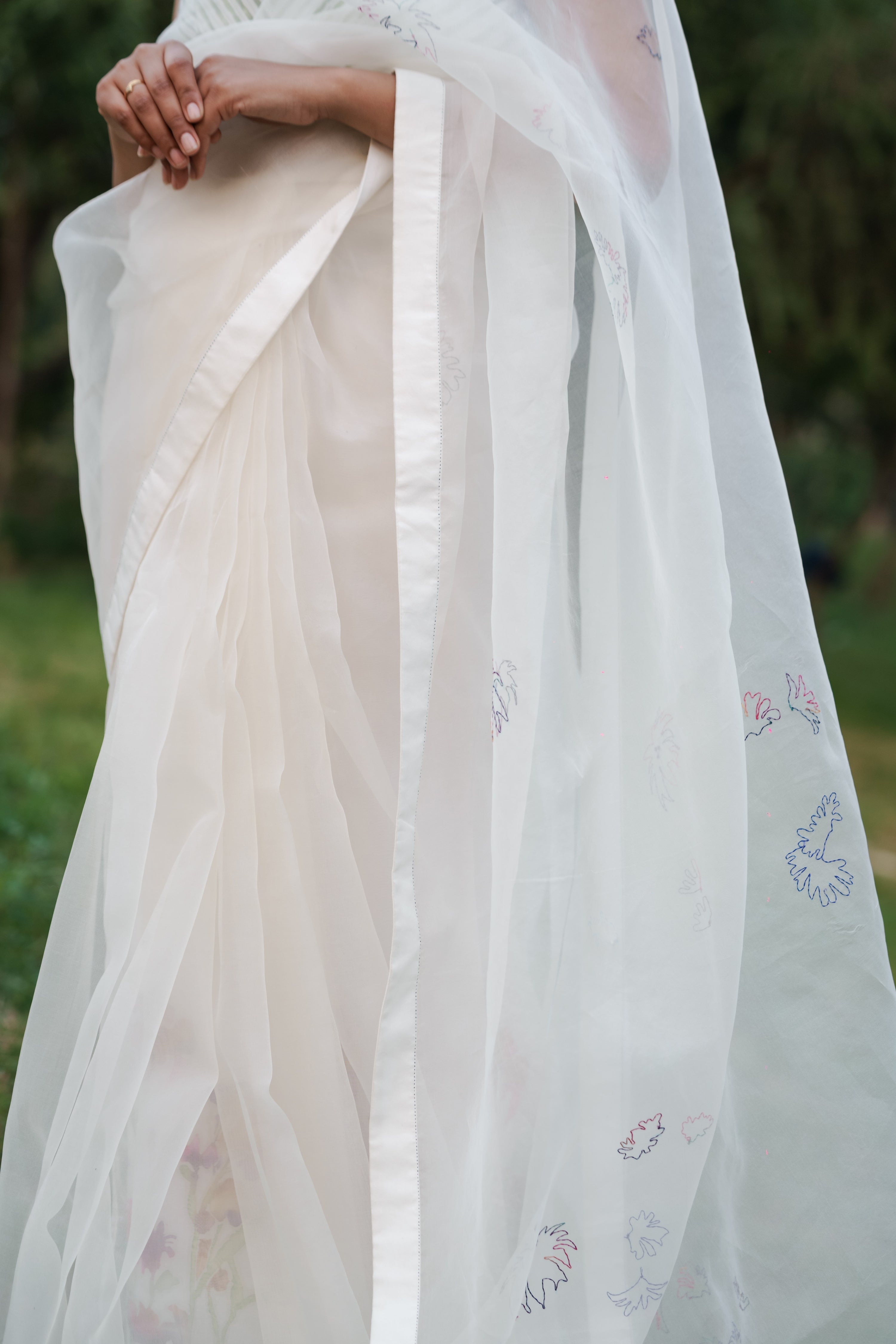 White Hand Embroidered Saree by Ahmev with Casual Wear, Cottage Garden, Cottage Garden by Ahmev, Cotton, Indian Wear, July Sale, July Sale 2023, Natural, Relaxed Fit, Sarees, Silk Organza, Stripes, White, Womenswear at Kamakhyaa for sustainable fashion