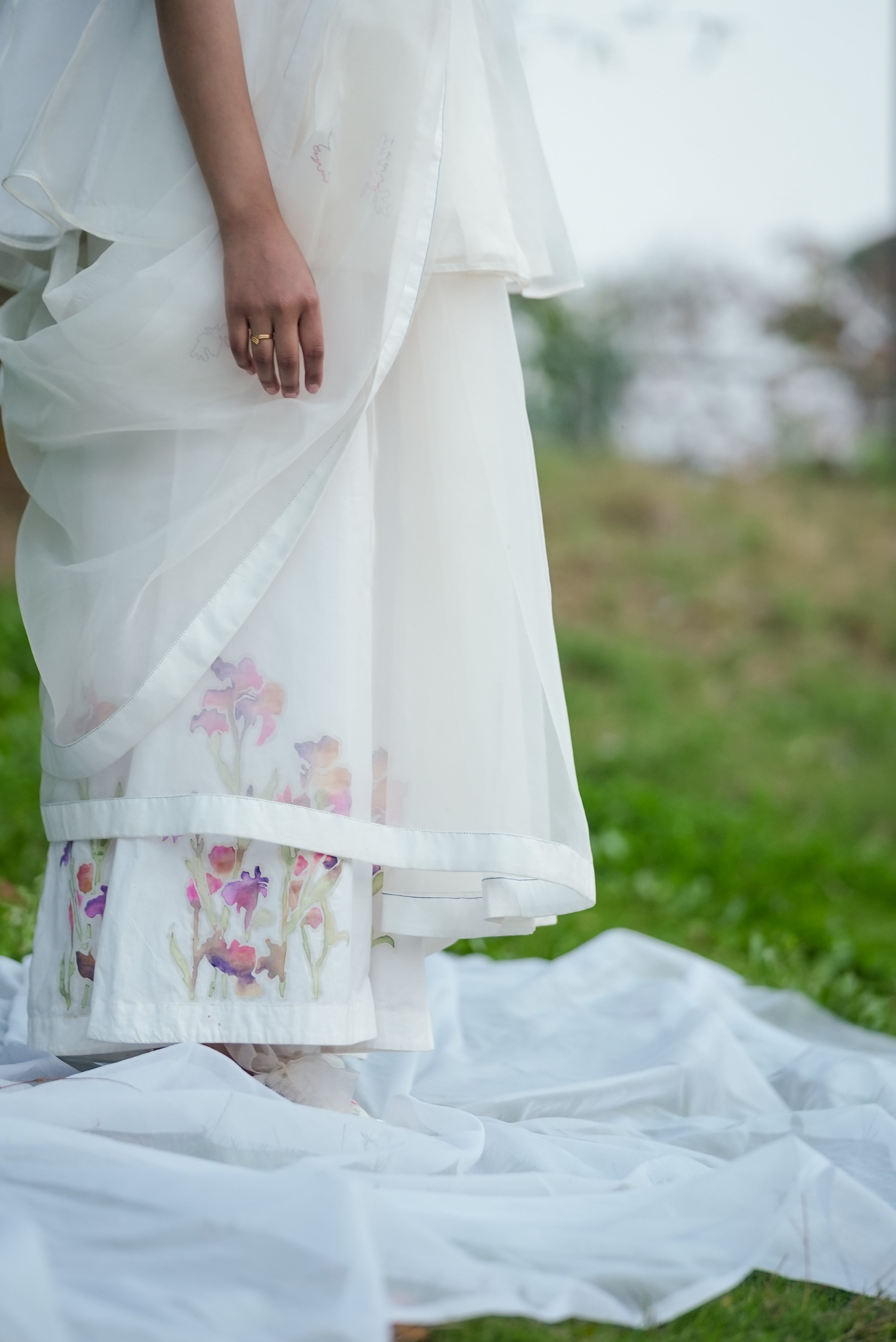 White Hand Embroidered Saree by Ahmev with Casual Wear, Cottage Garden, Cottage Garden by Ahmev, Cotton, Indian Wear, July Sale, July Sale 2023, Natural, Relaxed Fit, Sarees, Silk Organza, Stripes, White, Womenswear at Kamakhyaa for sustainable fashion