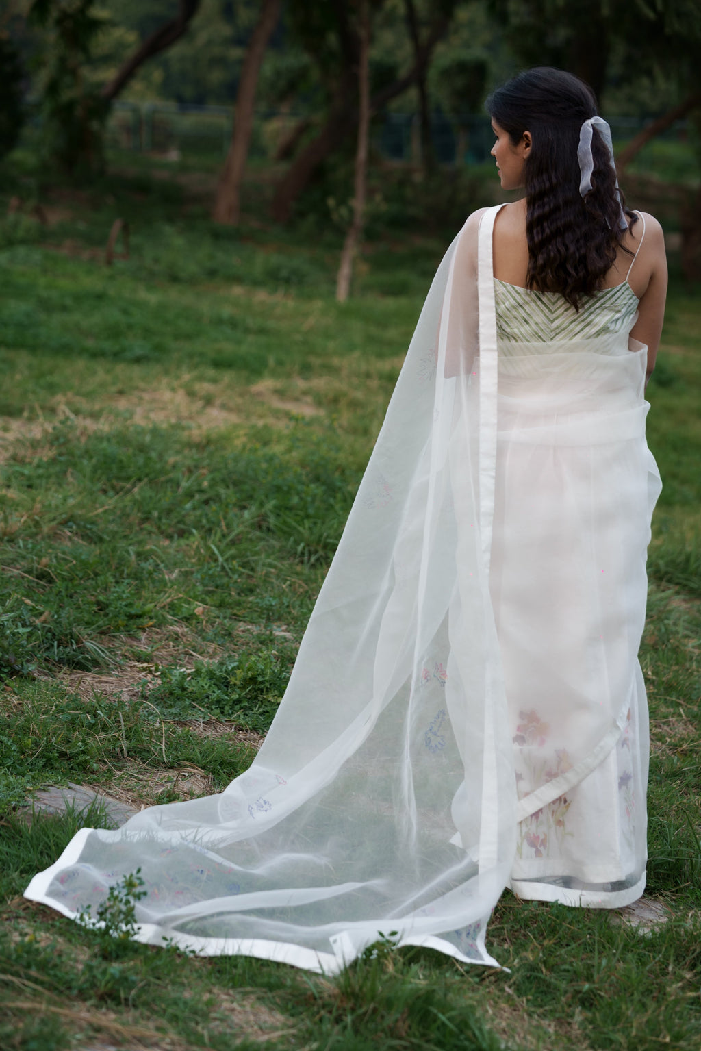 White Hand Embroidered Saree by Ahmev with Casual Wear, Cottage Garden, Cottage Garden by Ahmev, Cotton, Indian Wear, July Sale, July Sale 2023, Natural, Relaxed Fit, Sarees, Silk Organza, Stripes, White, Womenswear at Kamakhyaa for sustainable fashion