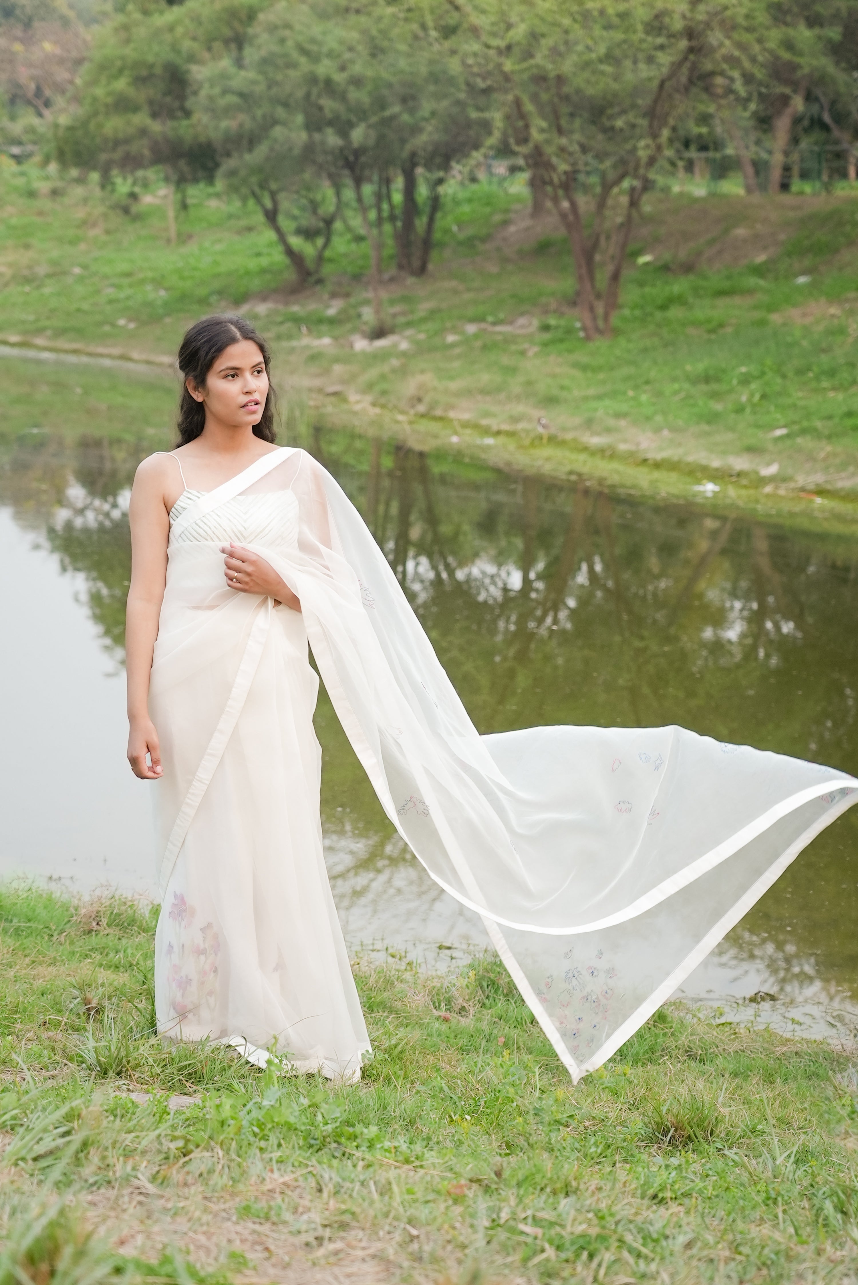 White Hand Embroidered Saree by Ahmev with Casual Wear, Cottage Garden, Cottage Garden by Ahmev, Cotton, Indian Wear, July Sale, July Sale 2023, Natural, Relaxed Fit, Sarees, Silk Organza, Stripes, White, Womenswear at Kamakhyaa for sustainable fashion