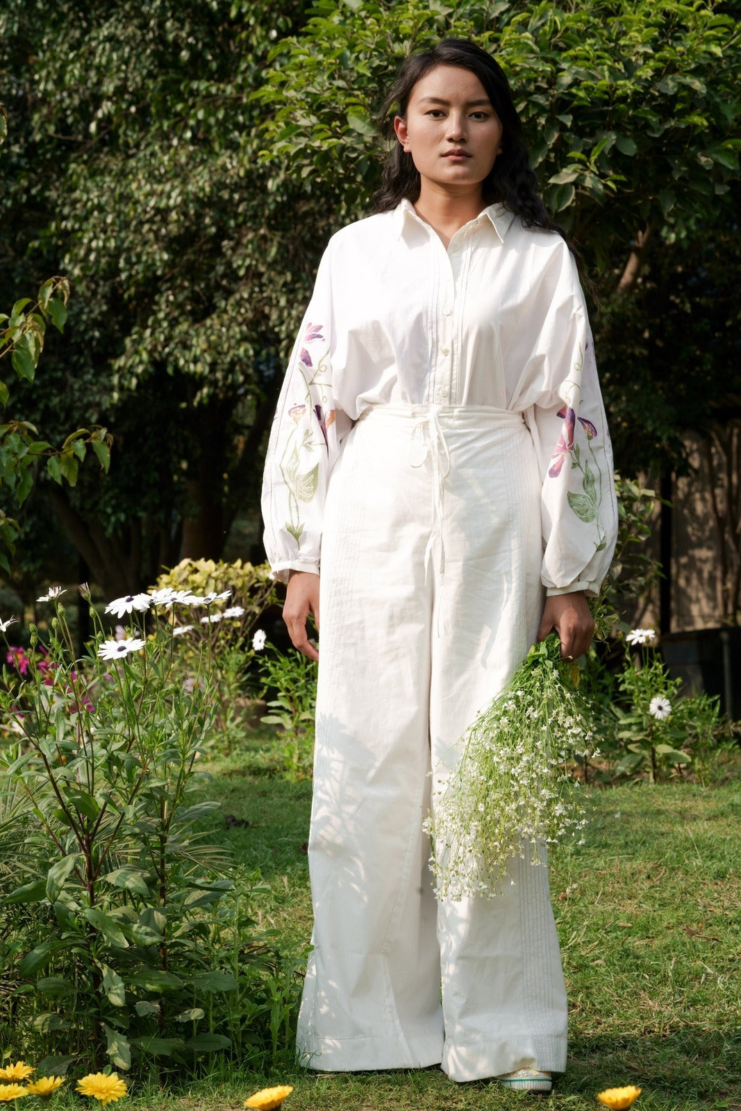 White Cotton Pants by Ahmev with 100% Cotton, Casual wear, Cottage Garden, Cottage Garden by Ahmev, Natural, RE 2.O, Regular, Rias JaipurBottoms, solids, Unisex, White, Womenswear at Kamakhyaa for sustainable fashion