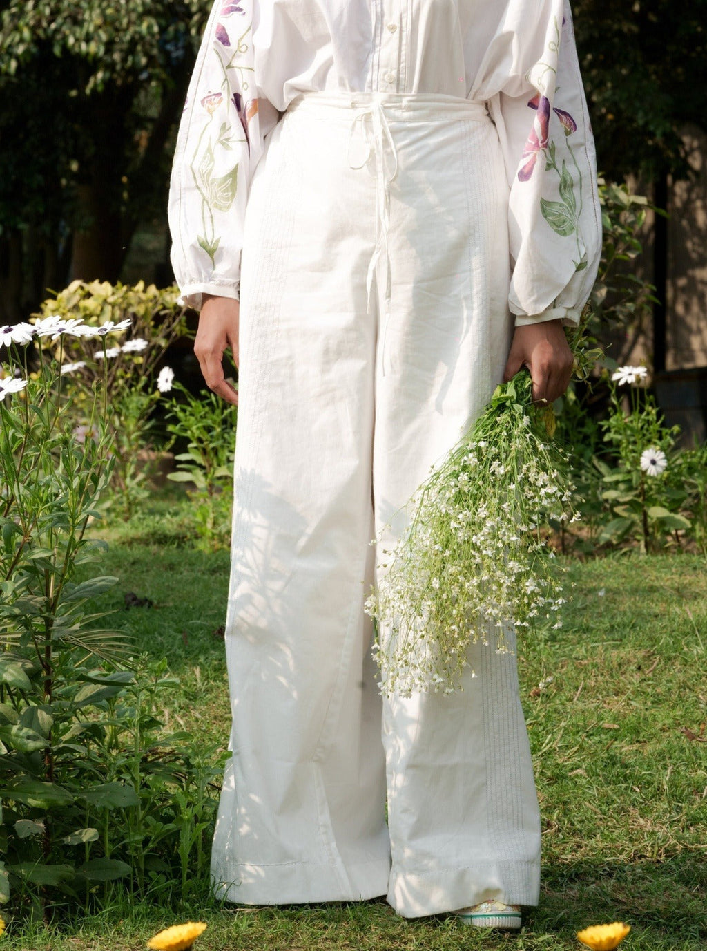 White Cotton Pants by Ahmev with 100% Cotton, Casual wear, Cottage Garden, Cottage Garden by Ahmev, Natural, RE 2.O, Regular, Rias JaipurBottoms, solids, Unisex, White, Womenswear at Kamakhyaa for sustainable fashion