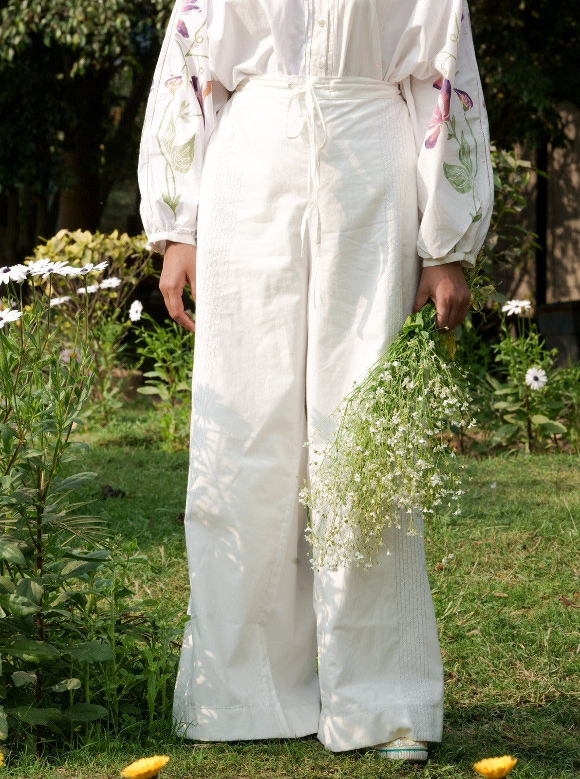 White Cotton Pants by Ahmev with 100% Cotton, Casual wear, Cottage Garden, Cottage Garden by Ahmev, Natural, RE 2.O, Regular, Rias JaipurBottoms, solids, Unisex, White, Womenswear at Kamakhyaa for sustainable fashion