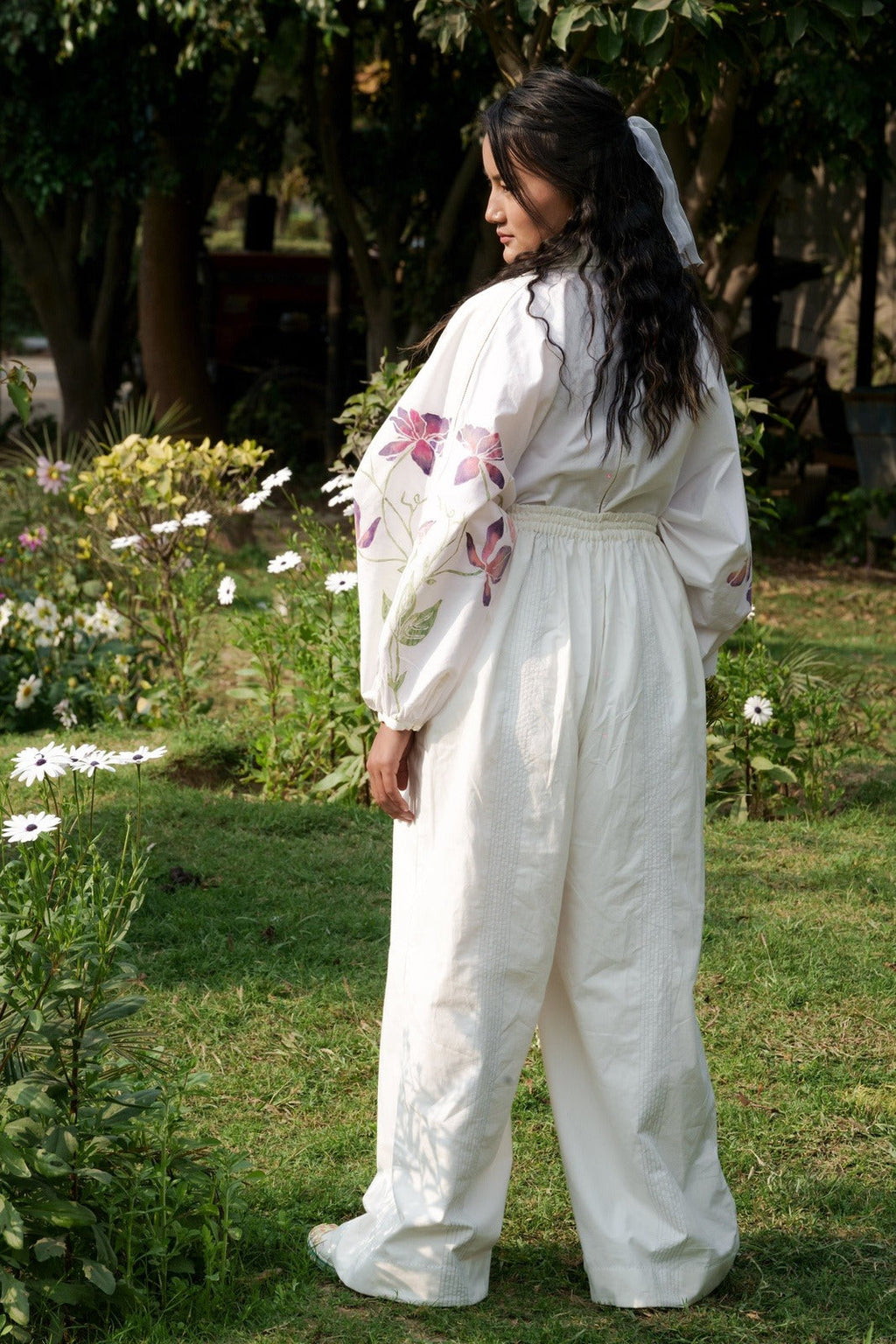 White Cotton Pants by Ahmev with 100% Cotton, Casual wear, Cottage Garden, Cottage Garden by Ahmev, Natural, RE 2.O, Regular, Rias JaipurBottoms, solids, Unisex, White, Womenswear at Kamakhyaa for sustainable fashion