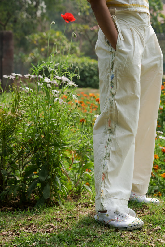 White Hand Painted Pants by Ahmev with Batik, Casual Wear, Cottage Garden, Cottage Garden by Ahmev, Cotton, Fitted At Waist, Handpainted, July Sale, July Sale 2023, Natural, Pants, Solids, White, Womenswear at Kamakhyaa for sustainable fashion