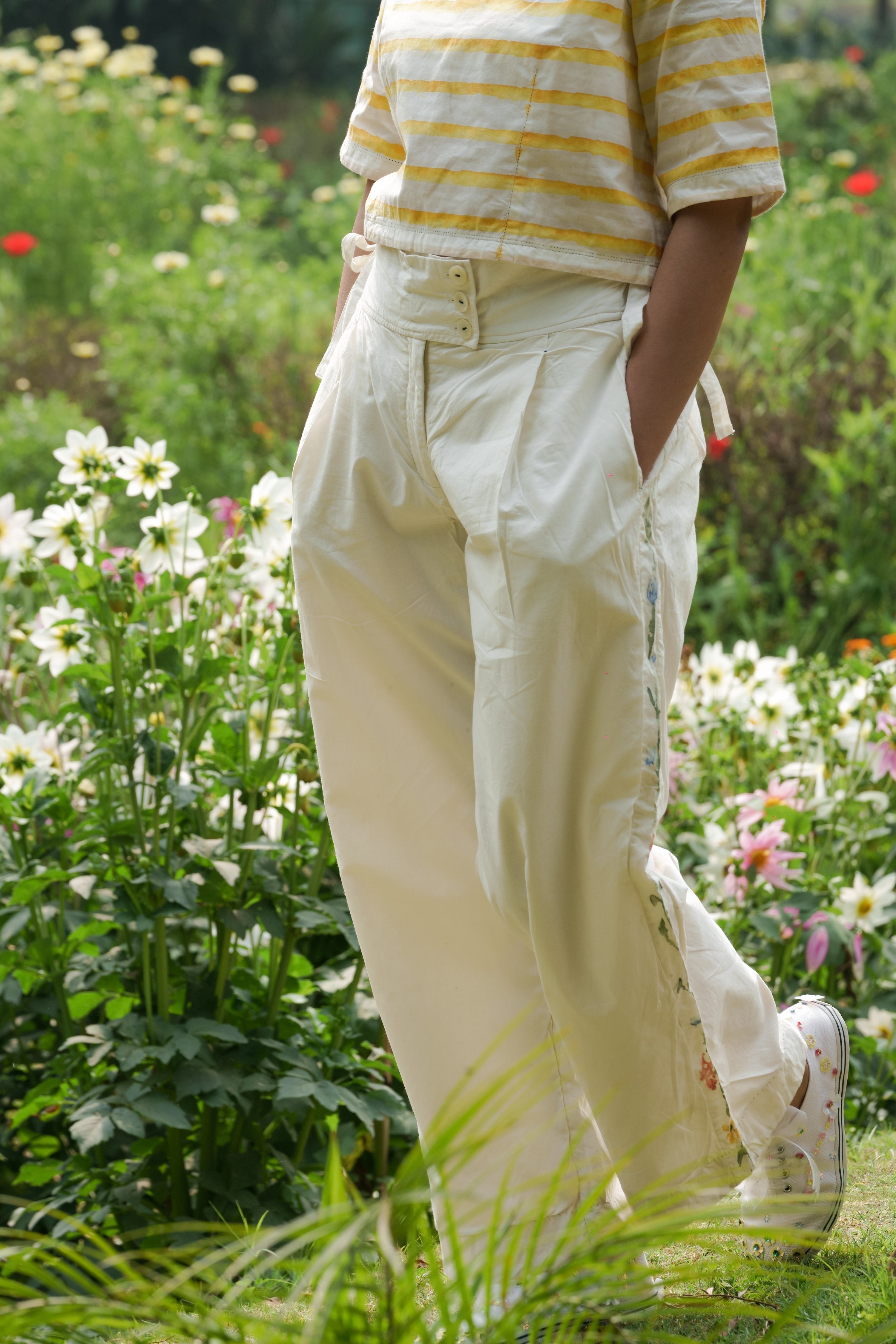 White Hand Painted Pants by Ahmev with Batik, Casual Wear, Cottage Garden, Cottage Garden by Ahmev, Cotton, Fitted At Waist, Handpainted, July Sale, July Sale 2023, Natural, Pants, Solids, White, Womenswear at Kamakhyaa for sustainable fashion
