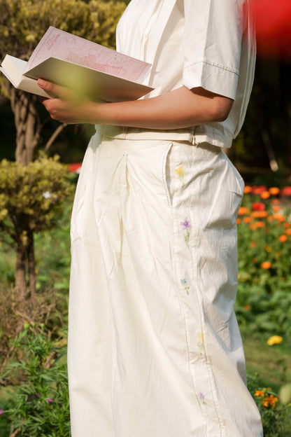 White Cotton Boyfriend Pants by Ahmev with Batik, Casual Wear, Cottage Garden, Cottage Garden by Ahmev, Cotton, Fitted At Waist, Handpainted, July Sale, July Sale 2023, Natural, Palazzo Pants, Solids, White, Womenswear at Kamakhyaa for sustainable fashion