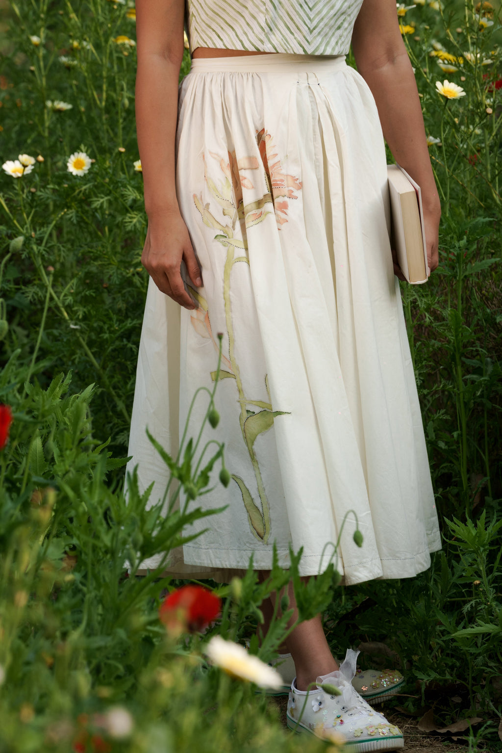 White Cotton circular skirt by Ahmev with Batik, Casual Wear, Cottage Garden, Cottage Garden by Ahmev, Cotton, Fitted At Waist, Hanpainted, July Sale, July Sale 2023, Midi Skirts, Natural, Prints, Skirts, White, Womenswear at Kamakhyaa for sustainable fashion