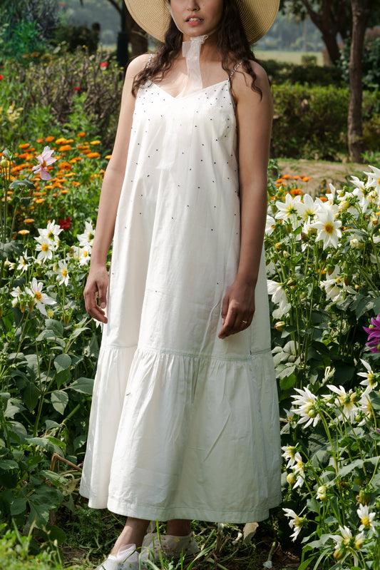 White Strap Maxi Dress by Ahmev with Casual Wear, Cottage Garden, Cottage Garden by Ahmev, Cotton, July Sale, July Sale 2023, Maxi Dresses, Natural, Relaxed Fit, Sleeveless Dresses, Solids, Strap Dresses, Tiered Dresses, White, Womenswear at Kamakhyaa for sustainable fashion