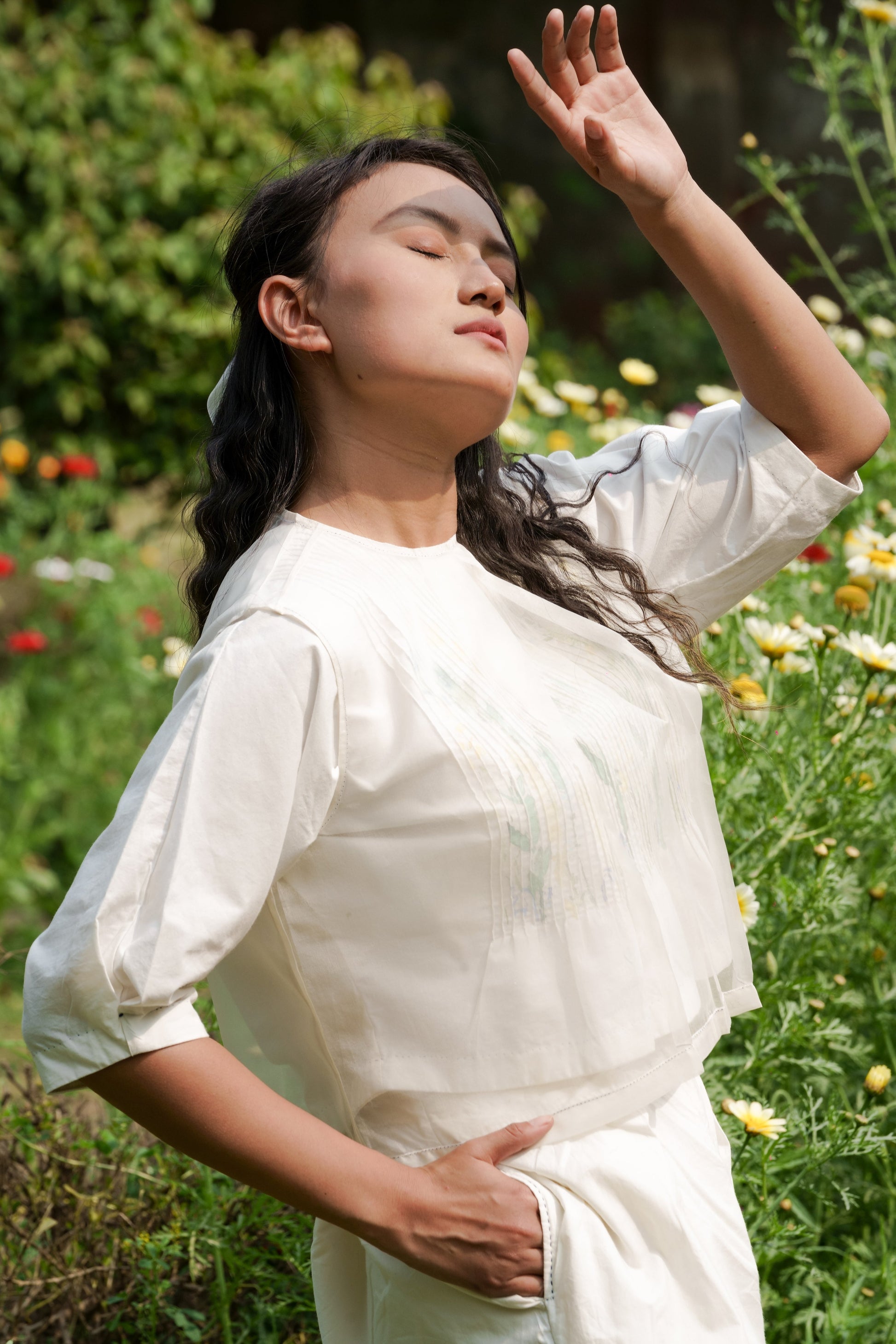 White Silk Top by Ahmev with Casual Wear, Cottage Garden, Cottage Garden by Ahmev, Crop Tops, July Sale, July Sale 2023, Natural, Regular Fit, Silk Organza, Solids, Tops, White, Womenswear at Kamakhyaa for sustainable fashion