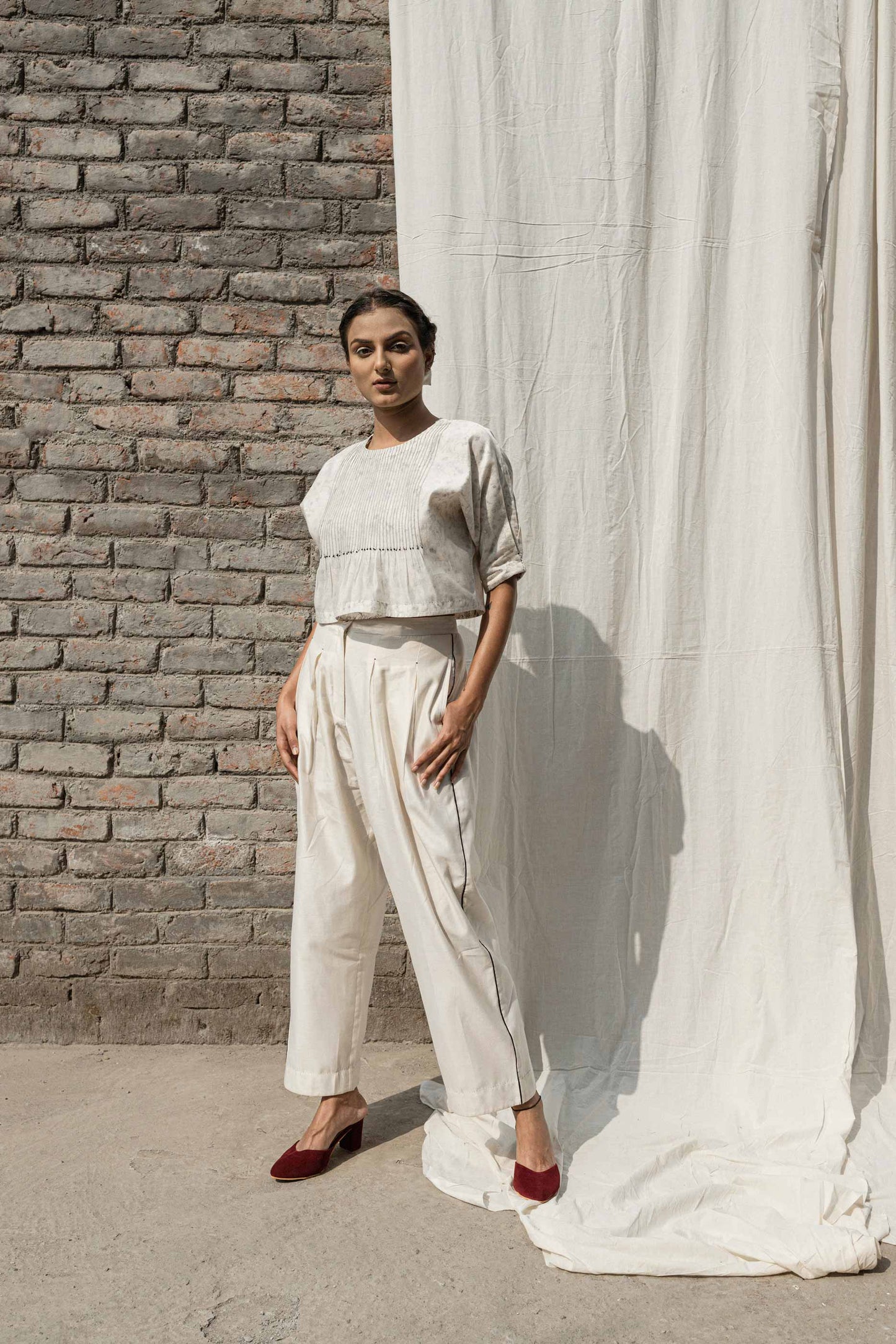 White Crop Top Casual Wear, Chanderi, Crop Tops, Ink And Ivory, Natural, Prints, Relaxed Fit, White Kamakhyaa