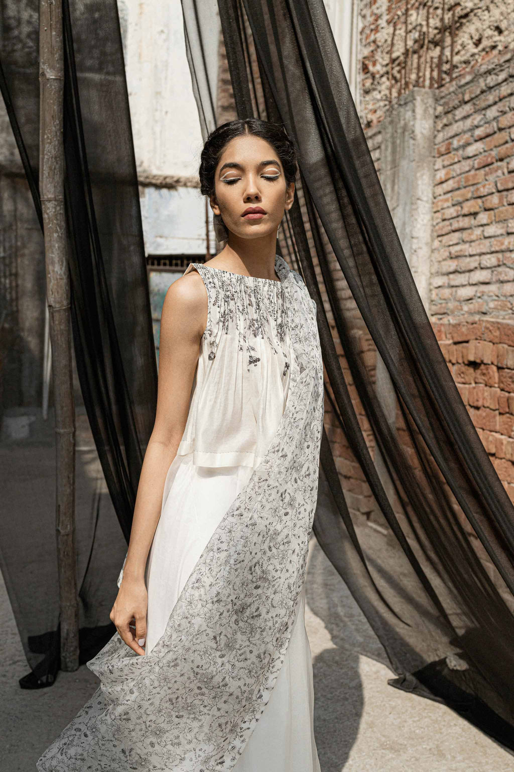 White Chanderi Pleated Top by Ahmev with Best Selling, Casual Wear, Chanderi, Crop Tops, Ink And Ivory, Ink And Ivory by Ahmev, Natural, Prints, Relaxed Fit, White, Womenswear at Kamakhyaa for sustainable fashion