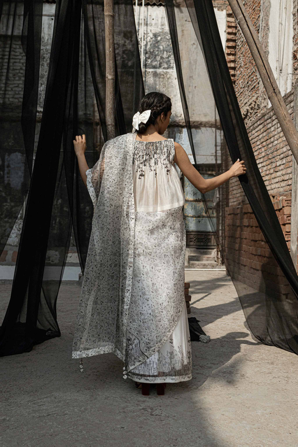 White Chanderi Pleated Top by Ahmev with Best Selling, Casual Wear, Chanderi, Crop Tops, Ink And Ivory, Ink And Ivory by Ahmev, Natural, Prints, Relaxed Fit, White, Womenswear at Kamakhyaa for sustainable fashion