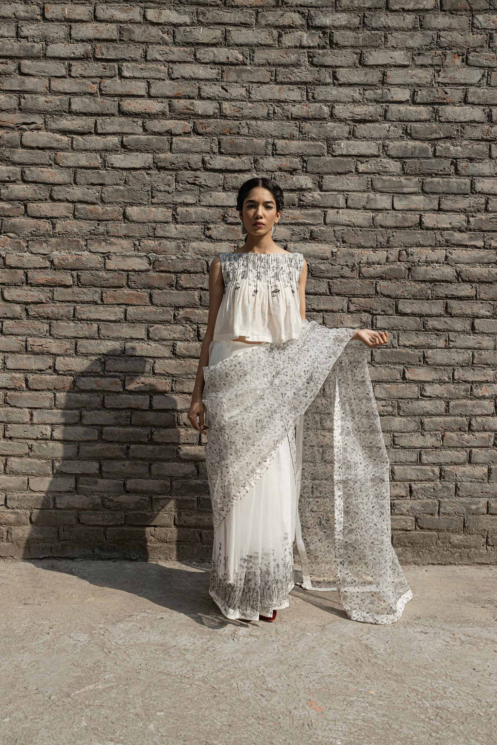 White Chanderi Pleated Top by Ahmev with Best Selling, Casual Wear, Chanderi, Crop Tops, Ink And Ivory, Ink And Ivory by Ahmev, Natural, Prints, Relaxed Fit, White, Womenswear at Kamakhyaa for sustainable fashion