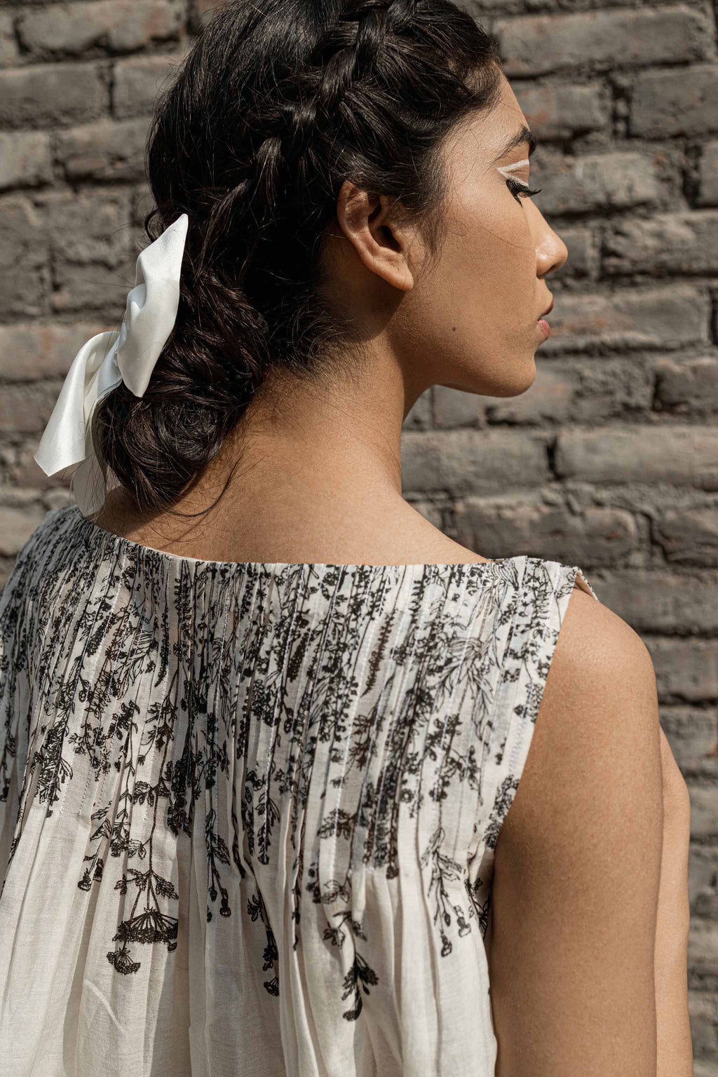 White Chanderi Pleated Top by Ahmev with Best Selling, Casual Wear, Chanderi, Crop Tops, Ink And Ivory, Ink And Ivory by Ahmev, Natural, Prints, Relaxed Fit, White, Womenswear at Kamakhyaa for sustainable fashion