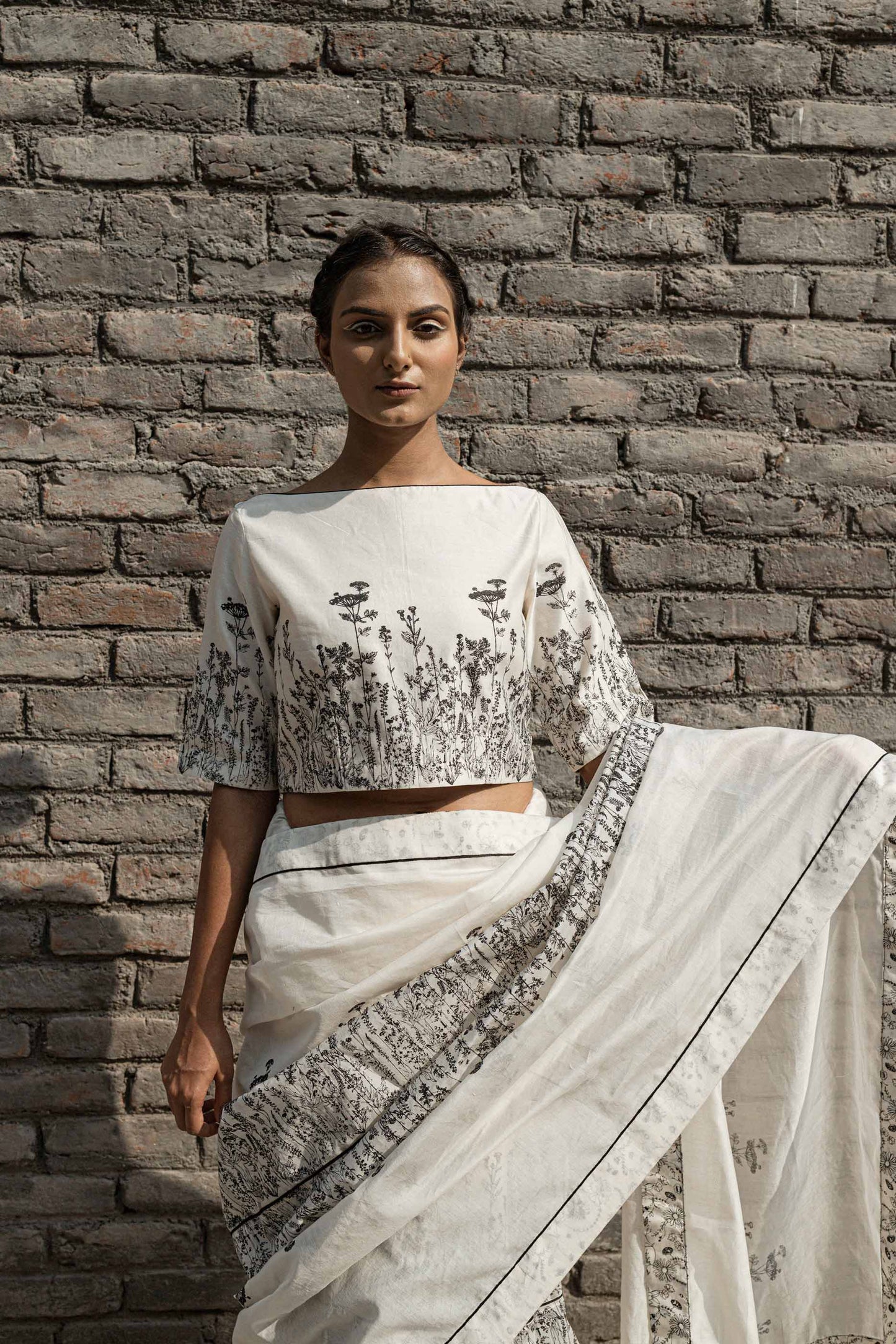 White Boat Neck Top by Ahmev with Boxy Fit, Casual Wear, Chanderi, Crop Tops, Ink And Ivory, Ink And Ivory by Ahmev, Natural, Prints, White, Womenswear at Kamakhyaa for sustainable fashion