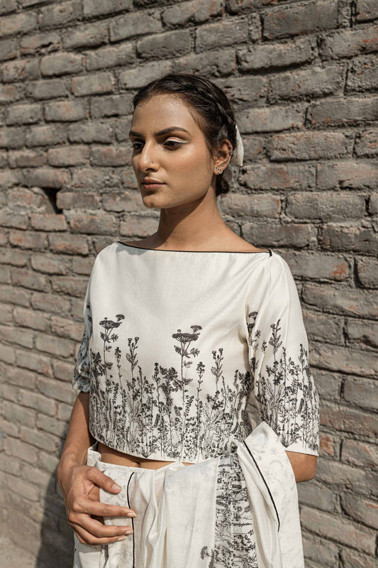 White Boat Neck Top by Ahmev with Boxy Fit, Casual Wear, Chanderi, Crop Tops, Ink And Ivory, Ink And Ivory by Ahmev, Natural, Prints, White, Womenswear at Kamakhyaa for sustainable fashion