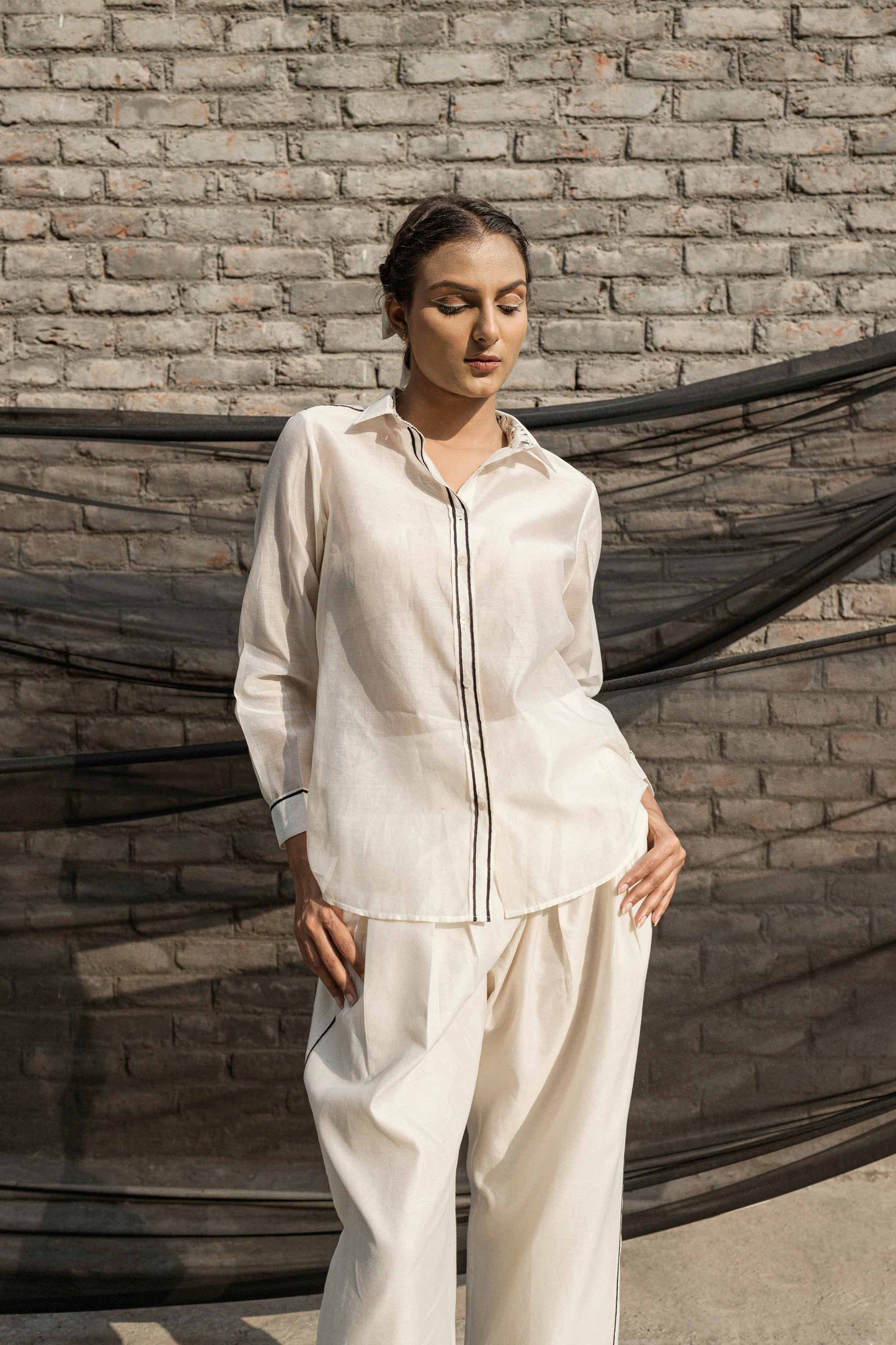 Ivory Chanderi Classic Shirt by Ahmev with Casual Wear, Chanderi, Ink And Ivory, Ink And Ivory by Ahmev, Natural, Prints, Relaxed Fit, Shirts, White, Womenswear at Kamakhyaa for sustainable fashion