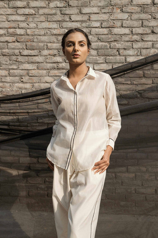 Ivory Chanderi Classic Shirt by Ahmev with Casual Wear, Chanderi, Ink And Ivory, Ink And Ivory by Ahmev, Natural, Prints, Relaxed Fit, Shirts, White, Womenswear at Kamakhyaa for sustainable fashion