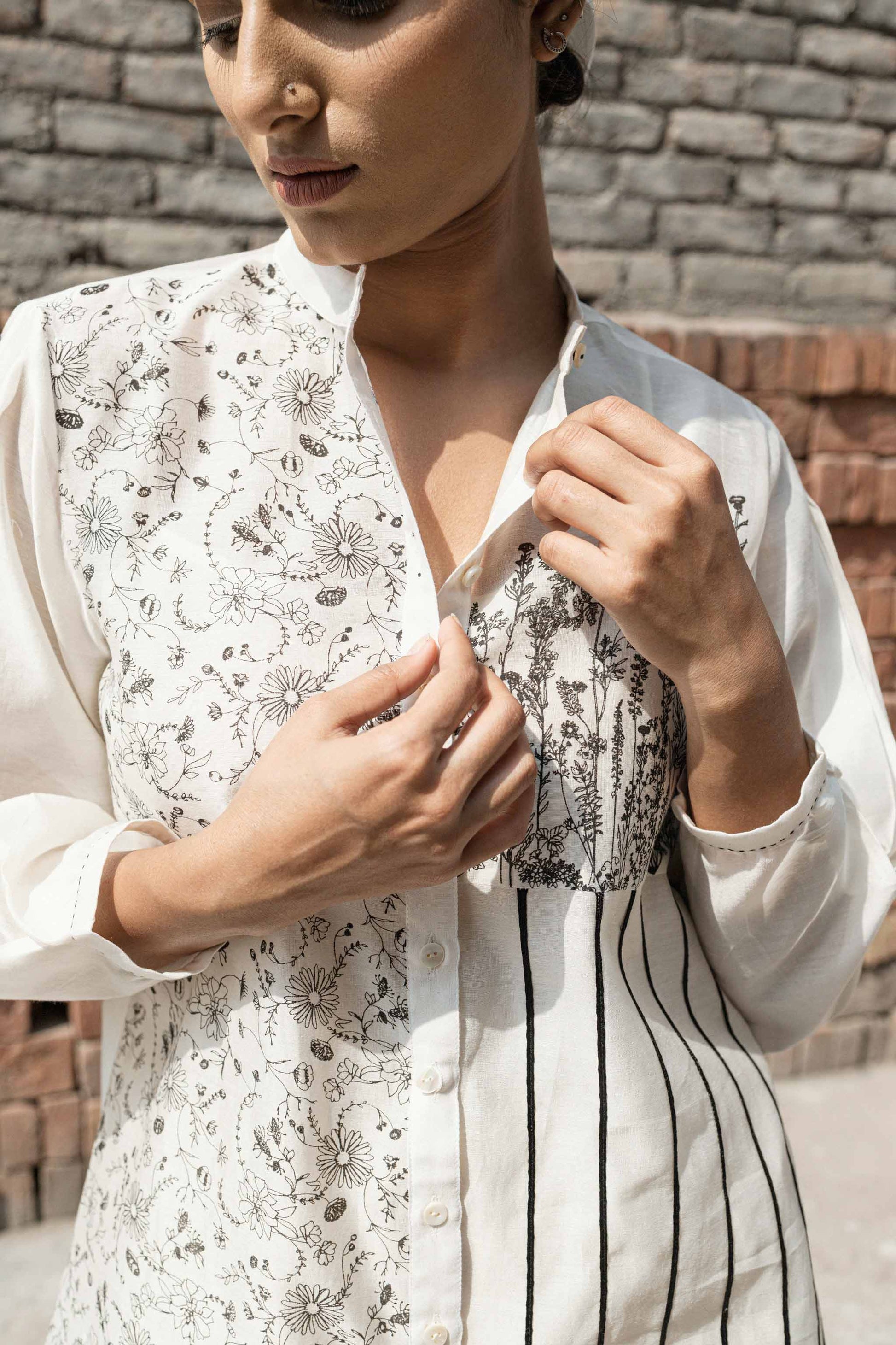 White Chanderi Shirt by Ahmev with Casual Wear, Chanderi, Ink And Ivory, Ink And Ivory by Ahmev, Natural, Prints, Regular Fit, Shirts, White, Womenswear at Kamakhyaa for sustainable fashion