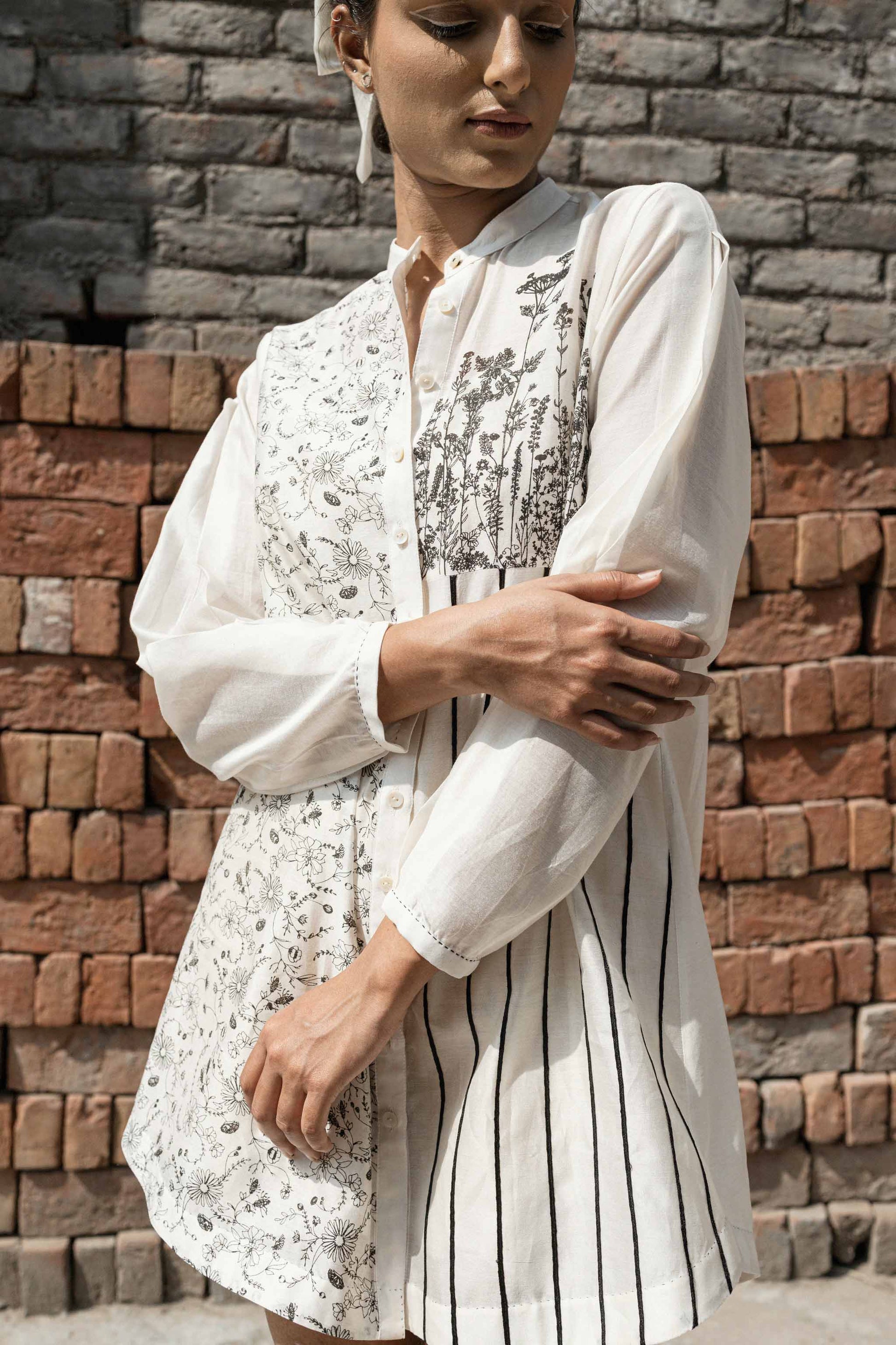 White Chanderi Shirt by Ahmev with Casual Wear, Chanderi, Ink And Ivory, Ink And Ivory by Ahmev, Natural, Prints, Regular Fit, Shirts, White, Womenswear at Kamakhyaa for sustainable fashion