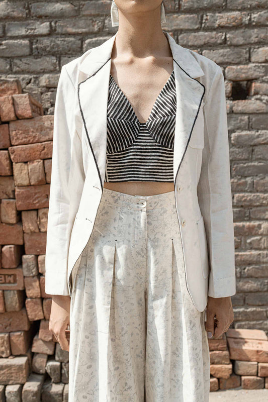 White Classic Blazer by Ahmev with Blazers, Casual Wear, Chanderi, Ink And Ivory, Ink And Ivory by Ahmev, Natural, Prints, Relaxed Fit, White, Womenswear at Kamakhyaa for sustainable fashion