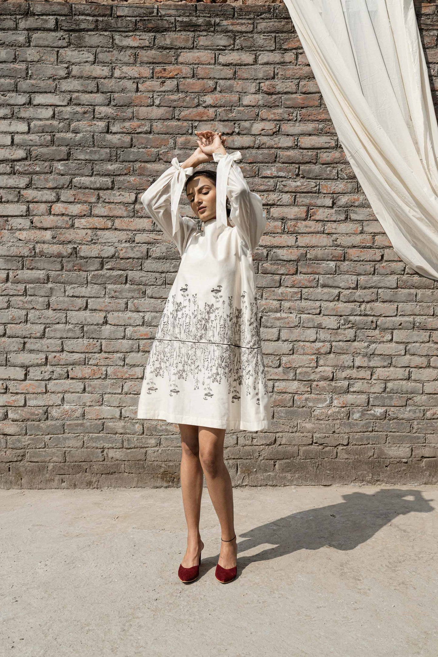 White Chanderi Mini Dress by Ahmev with Best Selling, Casual Wear, Chanderi, FB ADS JUNE, Ink And Ivory, Ink And Ivory by Ahmev, Mini Dresses, Natural, Prints, Relaxed Fit, White, Womenswear at Kamakhyaa for sustainable fashion