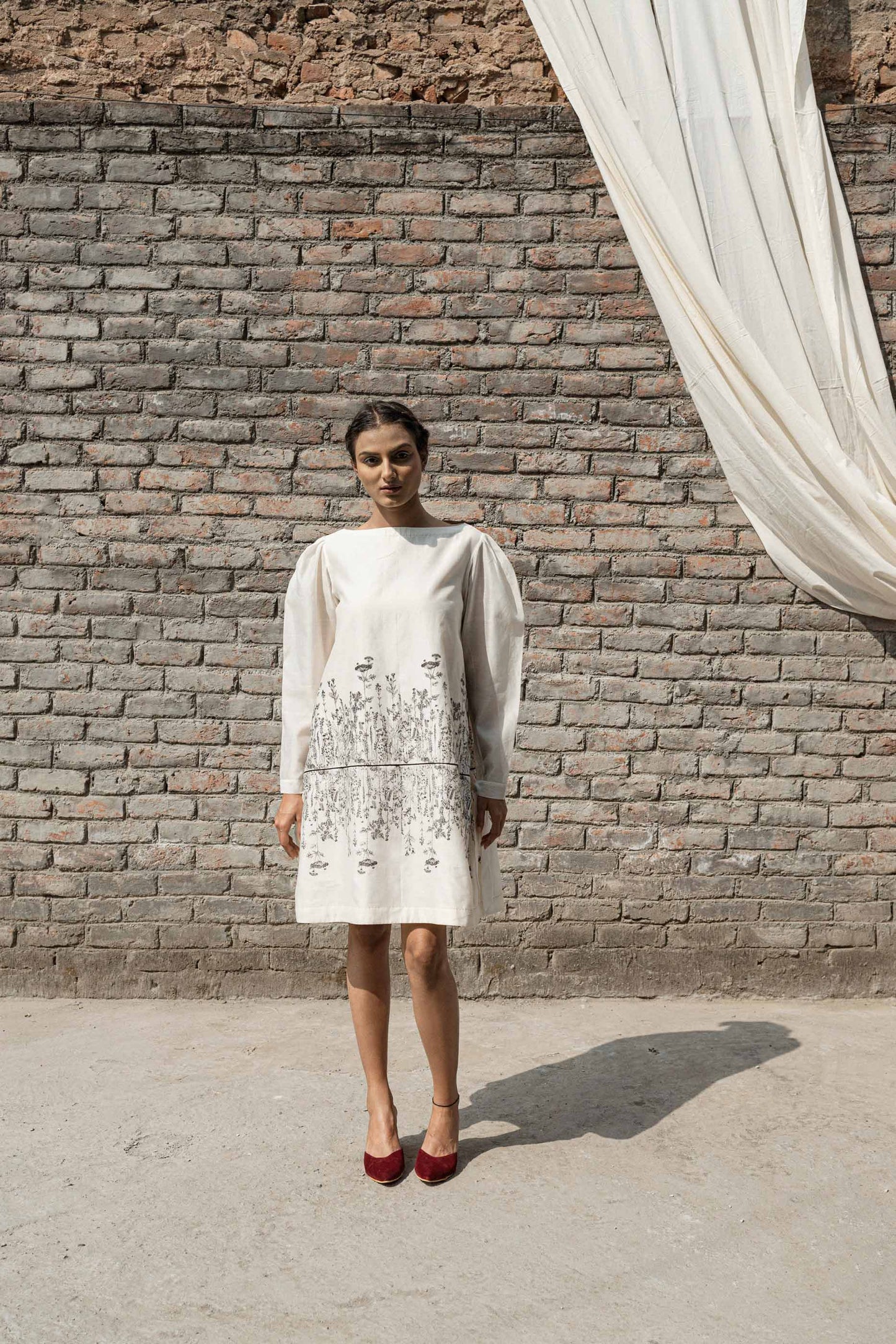 White Chanderi Mini Dress by Ahmev with Best Selling, Casual Wear, Chanderi, FB ADS JUNE, Ink And Ivory, Ink And Ivory by Ahmev, Mini Dresses, Natural, Prints, Relaxed Fit, White, Womenswear at Kamakhyaa for sustainable fashion
