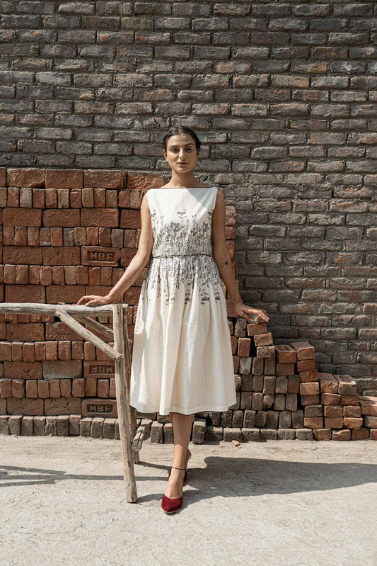 Ivory Knife Pleat Dress by Ahmev with Best Selling, Casual Wear, Chanderi, FB ADS JUNE, Ink And Ivory, Ink And Ivory by Ahmev, Midi Dresses, Natural, Prints, Regular Fit, Sleeveless Dresses, White, Womenswear at Kamakhyaa for sustainable fashion