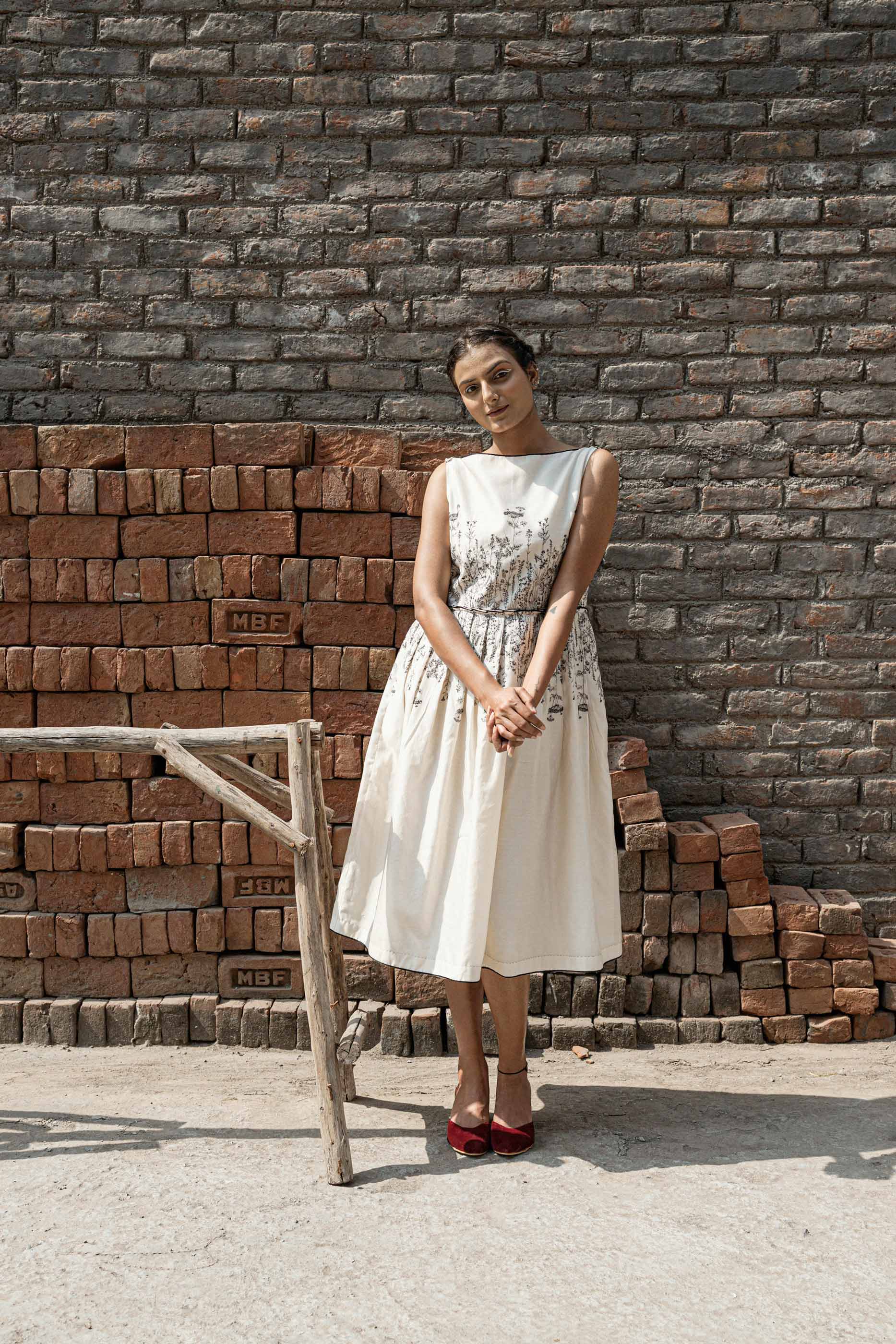 Ivory Knife Pleat Dress by Ahmev with Best Selling, Casual Wear, Chanderi, FB ADS JUNE, Ink And Ivory, Ink And Ivory by Ahmev, Midi Dresses, Natural, Prints, Regular Fit, Sleeveless Dresses, White, Womenswear at Kamakhyaa for sustainable fashion