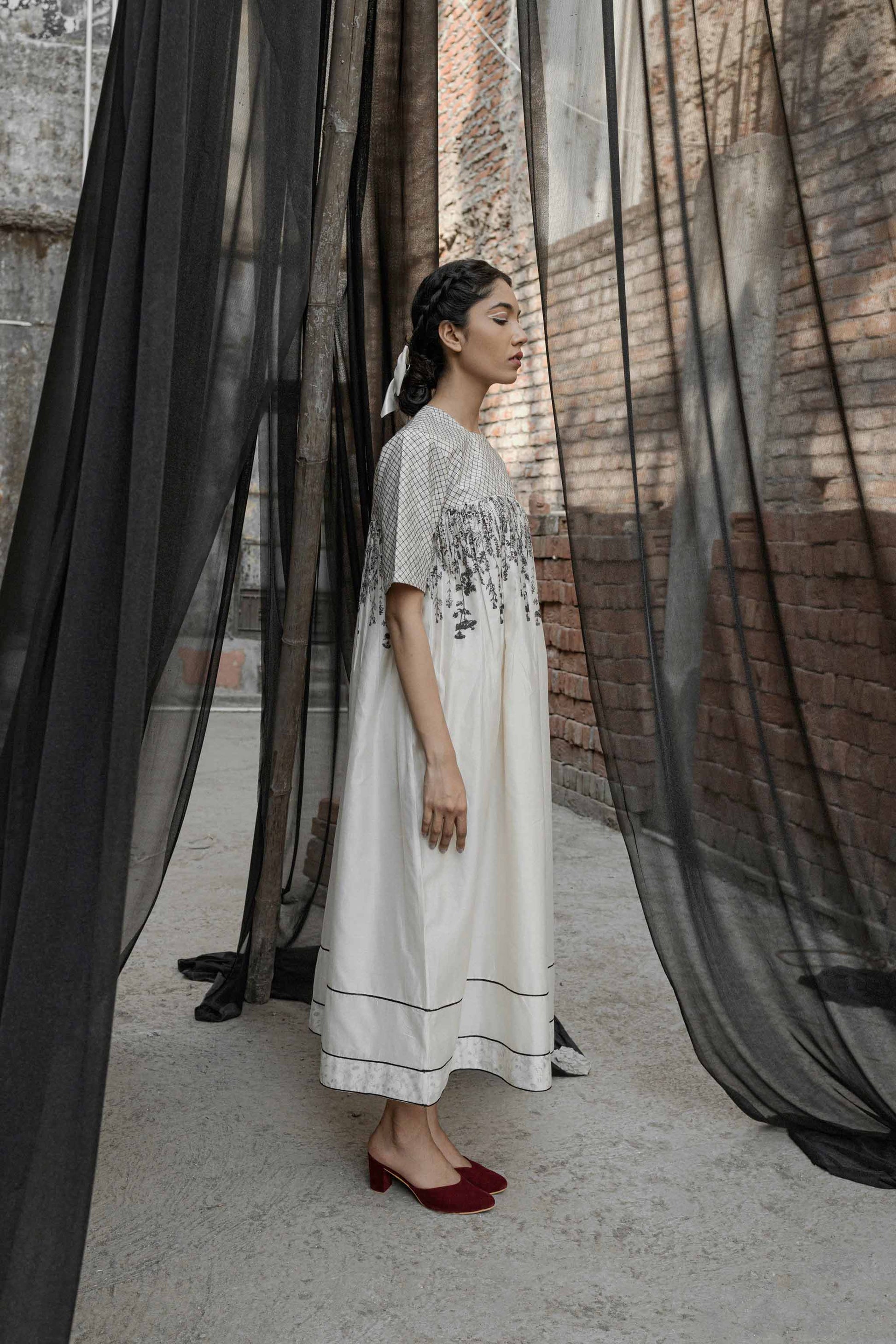 White Chanderi Maxi Dress by Ahmev with Casual Wear, Chanderi, FB ADS JUNE, Ink And Ivory, Ink And Ivory by Ahmev, Maxi Dresses, Natural, Prints, Relaxed Fit, White, Womenswear at Kamakhyaa for sustainable fashion