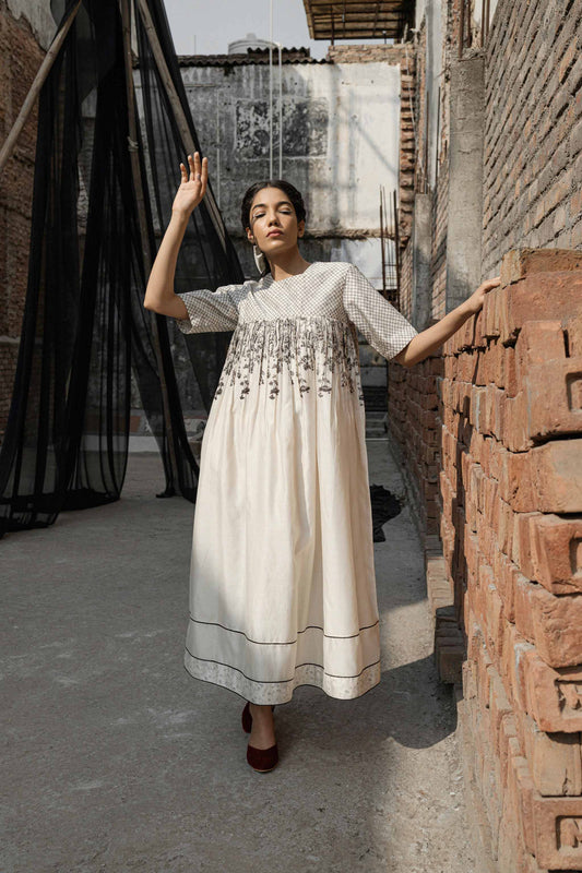 White Chanderi Maxi Dress by Ahmev with Casual Wear, Chanderi, FB ADS JUNE, Ink And Ivory, Ink And Ivory by Ahmev, Maxi Dresses, Natural, Prints, Relaxed Fit, White, Womenswear at Kamakhyaa for sustainable fashion