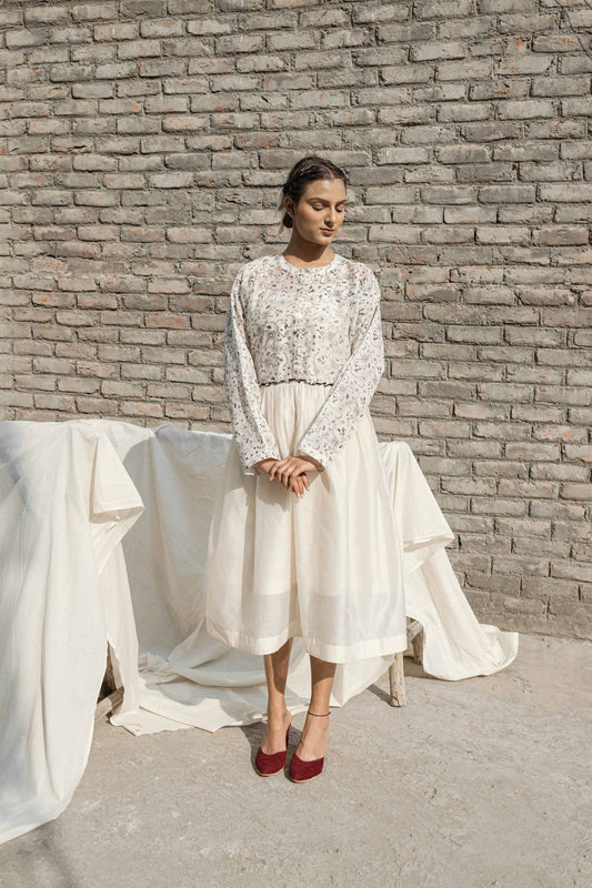 White Midi Dress And Slip by Ahmev with Casual Wear, Chanderi, FB ADS JUNE, Ink And Ivory, Ink And Ivory by Ahmev, Midi Dresses, Natural, Prints, Relaxed Fit, White, Womenswear at Kamakhyaa for sustainable fashion