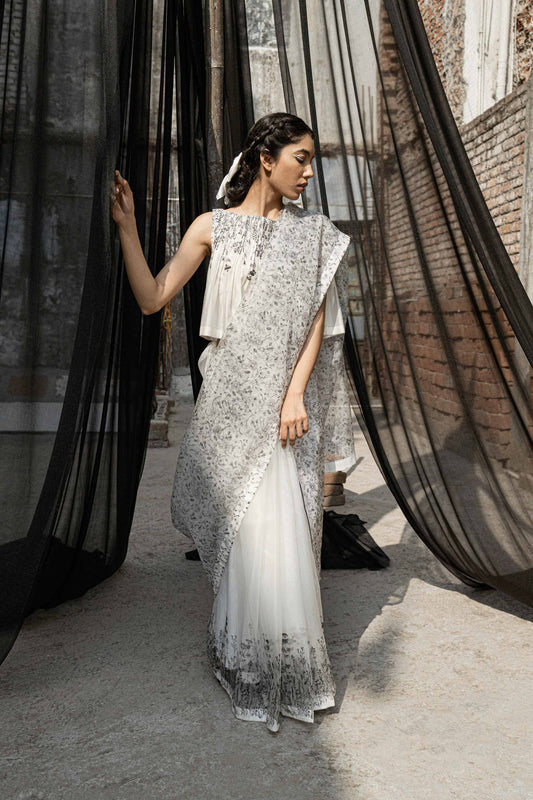 White Organza Saree by Ahmev with Casual Wear, For Mother, Free Size, Indian Wear, Ink And Ivory, Ink And Ivory by Ahmev, Natural, Prints, Sarees, Silk Organza, White, Womenswear at Kamakhyaa for sustainable fashion