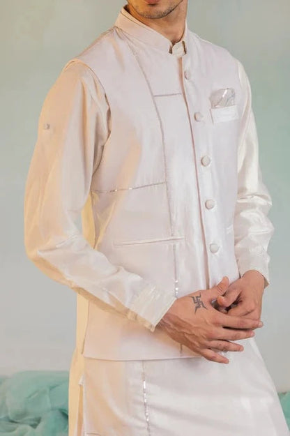 White Cotton Chanderi Sequin Work Jacket by Charkhee with Aasma by Charkhee, Aasmaa by Charkhee, Chanderi, Cotton, Embellished, Indian Wear, Indianwear Jackets, Jackets, Mens Overlay, Menswear, Natural, Relaxed Fit, Sequin work, Wedding Wear, White at Kamakhyaa for sustainable fashion