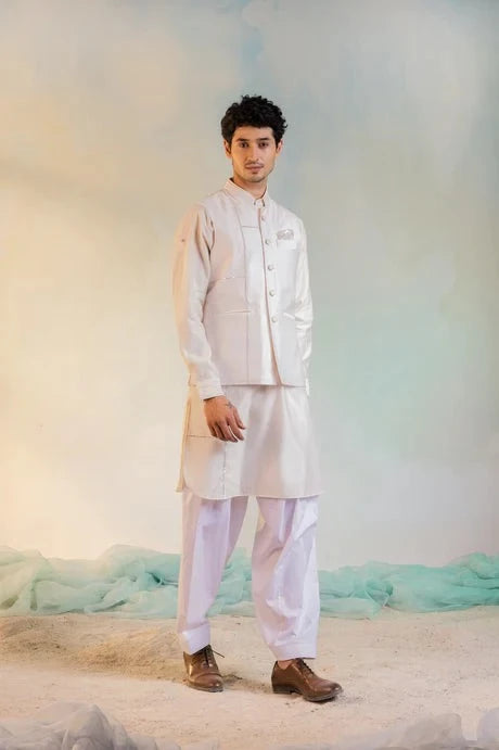 White Cotton Chanderi Sequin Work Jacket by Charkhee with Aasma by Charkhee, Aasmaa by Charkhee, Chanderi, Cotton, Embellished, Indian Wear, Indianwear Jackets, Jackets, Mens Overlay, Menswear, Natural, Relaxed Fit, Sequin work, Wedding Wear, White at Kamakhyaa for sustainable fashion
