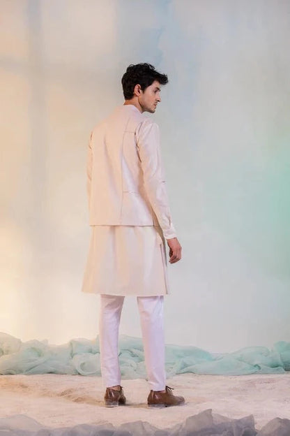 White Cotton Chanderi Sequin Work Jacket by Charkhee with Aasma by Charkhee, Aasmaa by Charkhee, Chanderi, Cotton, Embellished, Indian Wear, Indianwear Jackets, Jackets, Mens Overlay, Menswear, Natural, Relaxed Fit, Sequin work, Wedding Wear, White at Kamakhyaa for sustainable fashion