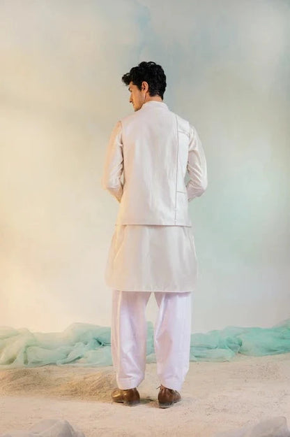 White Cotton Chanderi Sequin Work Jacket by Charkhee with Aasma by Charkhee, Aasmaa by Charkhee, Chanderi, Cotton, Embellished, Indian Wear, Indianwear Jackets, Jackets, Mens Overlay, Menswear, Natural, Relaxed Fit, Sequin work, Wedding Wear, White at Kamakhyaa for sustainable fashion