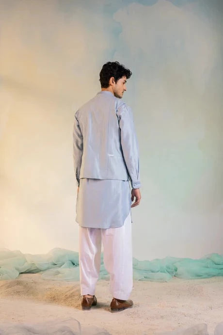 Blue Cotton Chanderi Sequin Work Jacket by Charkhee with Aasma by Charkhee, Aasmaa by Charkhee, Blue, Chanderi, Cotton, Embellished, Indian Wear, Indianwear Jackets, Jackets, Mens Overlay, Menswear, Natural, Relaxed Fit, Sequin work, Wedding Gifts, Wedding Wear at Kamakhyaa for sustainable fashion