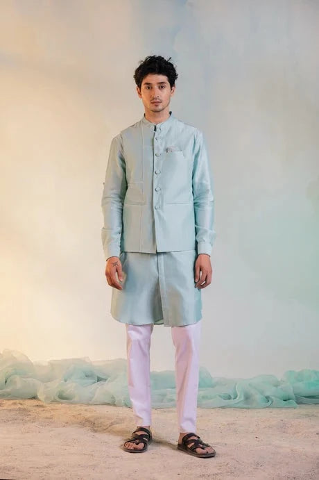 Green Cotton Chanderi Sequin Work Jacket by Charkhee with Aasma by Charkhee, Aasmaa by Charkhee, Chanderi, Cotton, Embellished, Green, Indian Wear, Indianwear Jackets, Jackets, Mens Overlay, Menswear, Natural, Relaxed Fit, Sequin work, Wedding Gifts, Wedding Wear at Kamakhyaa for sustainable fashion
