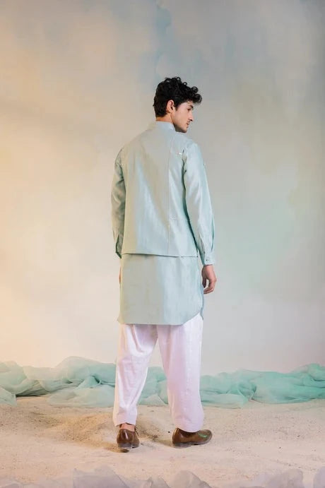 Green Cotton Chanderi Sequin Work Jacket by Charkhee with Aasma by Charkhee, Aasmaa by Charkhee, Chanderi, Cotton, Embellished, Green, Indian Wear, Indianwear Jackets, Jackets, Mens Overlay, Menswear, Natural, Relaxed Fit, Sequin work, Wedding Gifts, Wedding Wear at Kamakhyaa for sustainable fashion