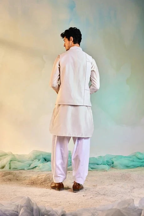 White Kurta Salwar Set by Charkhee with Aasma by Charkhee, Aasmaa by Charkhee, Chanderi, Cotton, Embellished, Kurta Salwar Sets, Mens Co-ords, Menswear, Natural, Organza, Relaxed Fit, Sequin work, Wedding Wear, White at Kamakhyaa for sustainable fashion