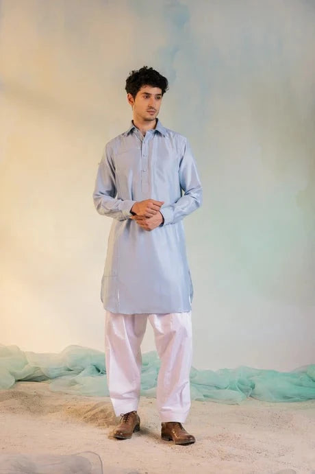 Blue Kurta Salwar Set by Charkhee with Aasma by Charkhee, Aasmaa by Charkhee, Blue, Chanderi, Cotton, Embellished, Kurta Salwar Sets, Mens Co-ords, Menswear, Natural, Relaxed Fit, Sequin work, Wedding Wear, White at Kamakhyaa for sustainable fashion
