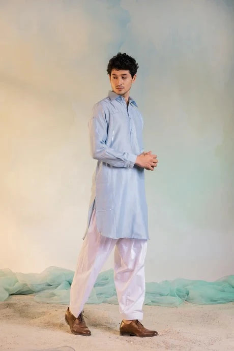 Blue Kurta Salwar Set by Charkhee with Aasma by Charkhee, Aasmaa by Charkhee, Blue, Chanderi, Cotton, Embellished, Kurta Salwar Sets, Mens Co-ords, Menswear, Natural, Relaxed Fit, Sequin work, Wedding Wear, White at Kamakhyaa for sustainable fashion